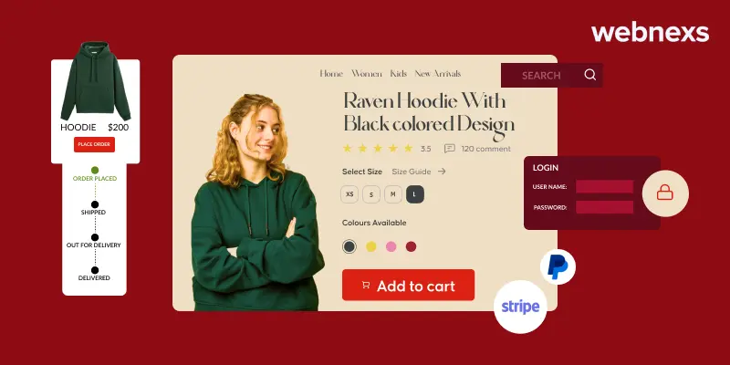 An ecommerce microservices layout showcasing a product page with a hoodie, size options, order tracking, login module, and payment integrations like PayPal and Stripe.